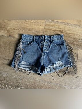 High-Rise Blue Distressed Denim Shorts with Chain Fringe
